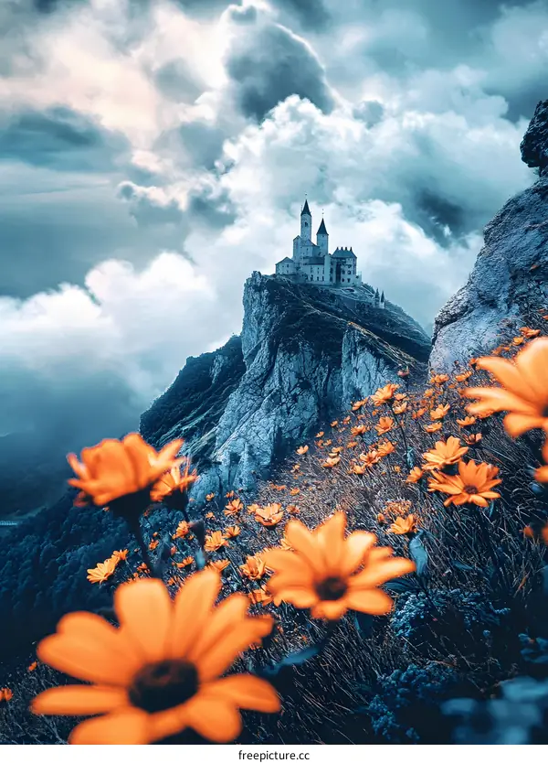 Castle on a Mountaintop with Flowers
