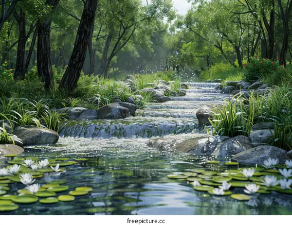 Lush sunlight forest with small river running through
