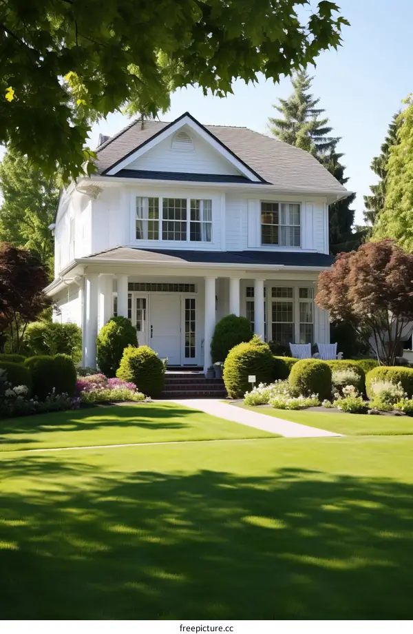 Large white two-story house with green lawn and colorful garden