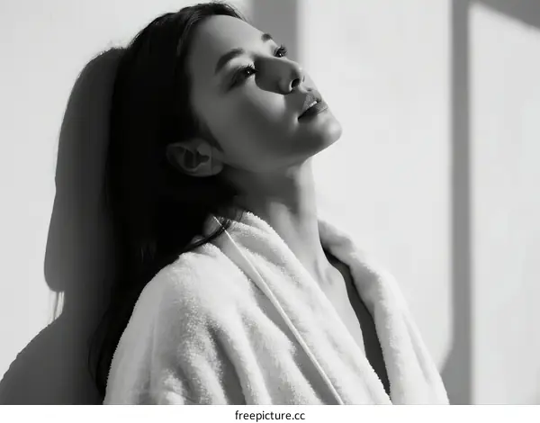 A Young Woman Wearing White Bathrobe Leaning Against Wall