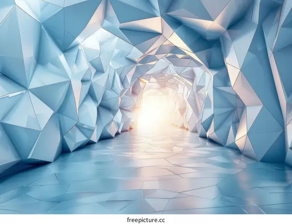 Futuristic Sci-Fi Ice Cave Tunnel With Glowing Light At The End Of The Tunnel
