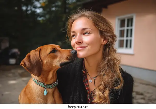 Woman and Dog Outdoors Affectionate Moment