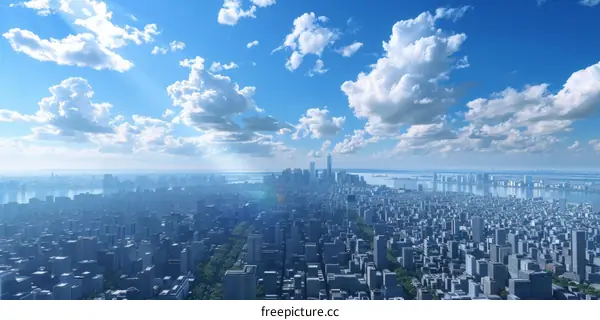 Cityscape of a large modern city with skyscrapers and a river running through it