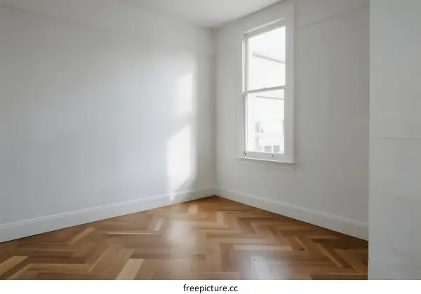 Empty room with white walls and herringbone wooden floor