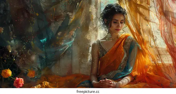 Portrait of a young Indian woman in a traditional orange sari