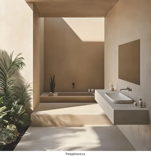 Minimalist Bathroom Design with Natural Light and Lush Greenery