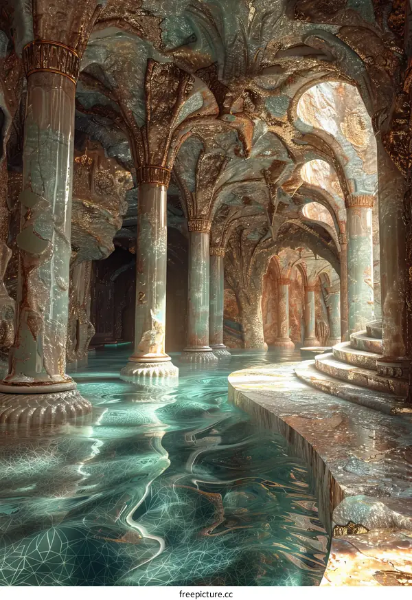 Ornate Underground Hall with Waterfalls