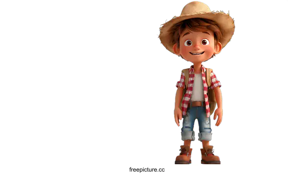 [Transparent Background PNG]Smiling Cartoon Boy Wearing A Straw Hat