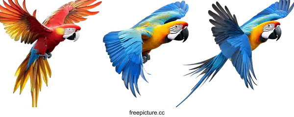 [Transparent Background PNG]Colorful Parrots in Flight against a White Background