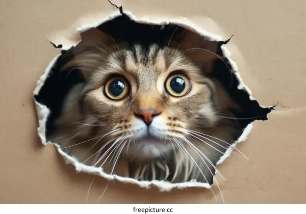 A cat peeks through a hole in the cardboard