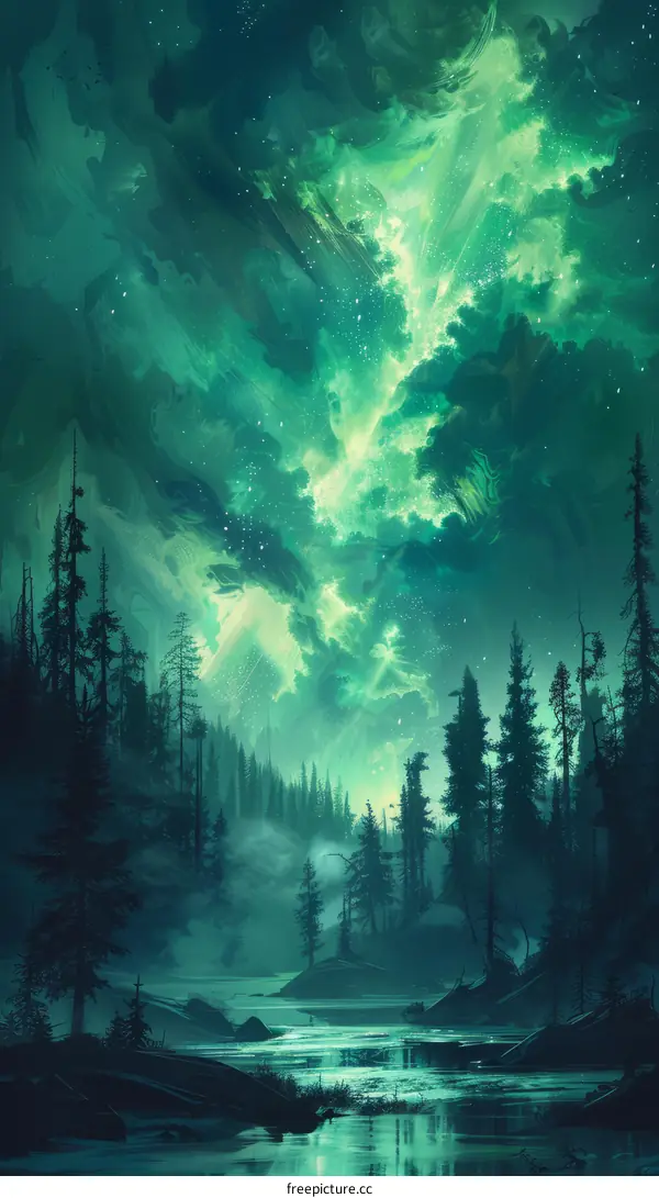 Mystical Green Aurora in the Enchanted Forest