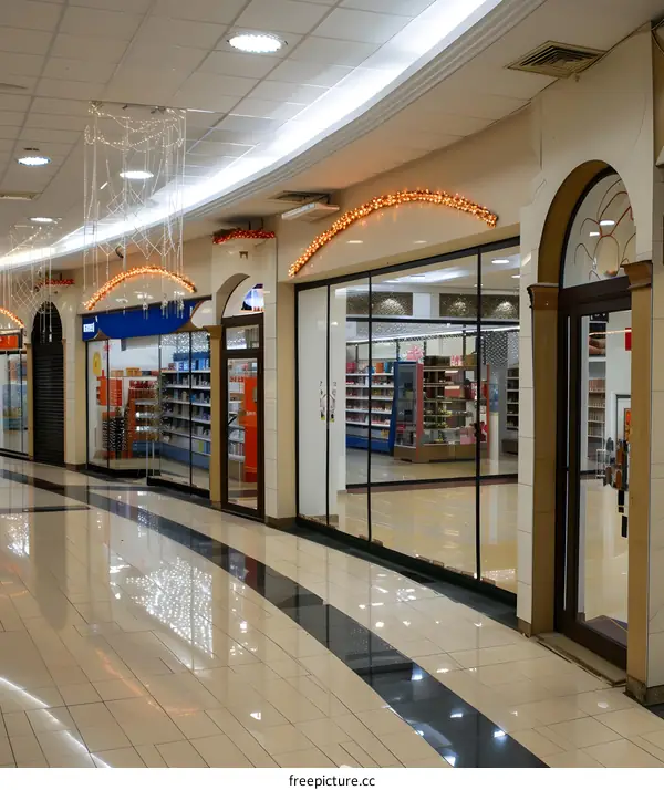 Empty Store Fronts in a Shopping Mall with Christmas Decorations