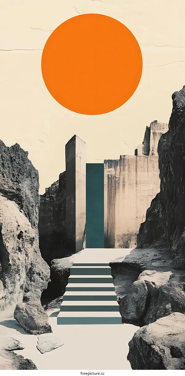 Abstract Surrealist Illustration with Stairs and a Large Orange Circle in a Desert Landscape