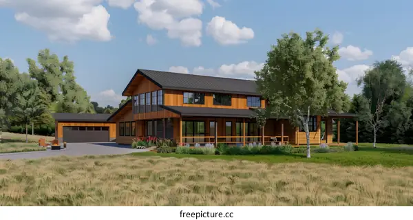 Modern Wooden House Design With Large Windows And A Spacious Porch