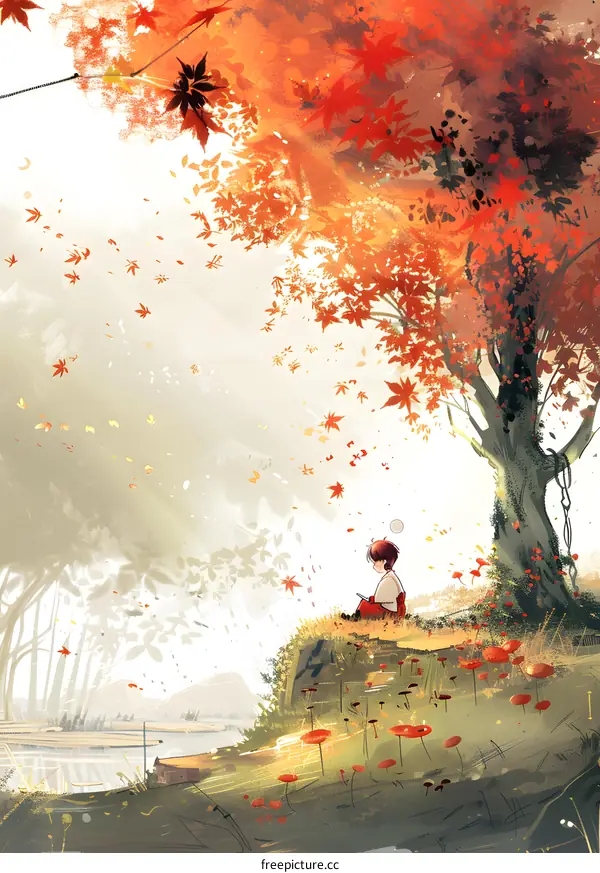 Red Leaves Falling On A Woman Sitting Under A Tree