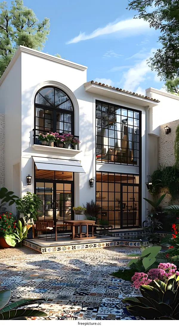 White House with Black Windows and Patio with Mosaic Floor