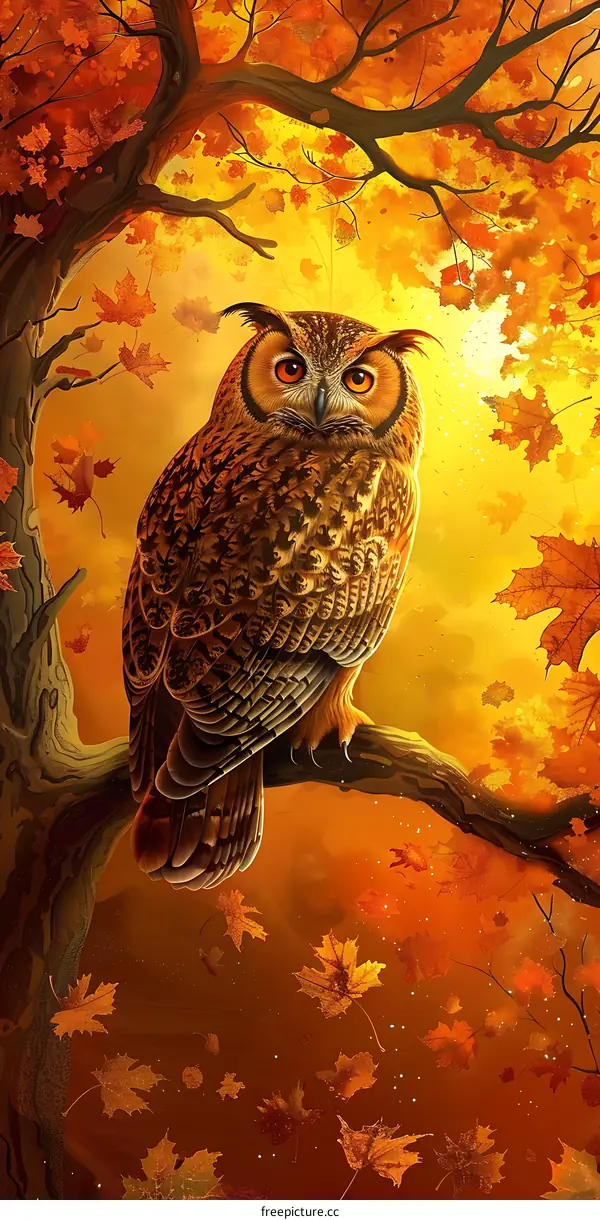 Owl in Autumn Tree with Falling Leaves