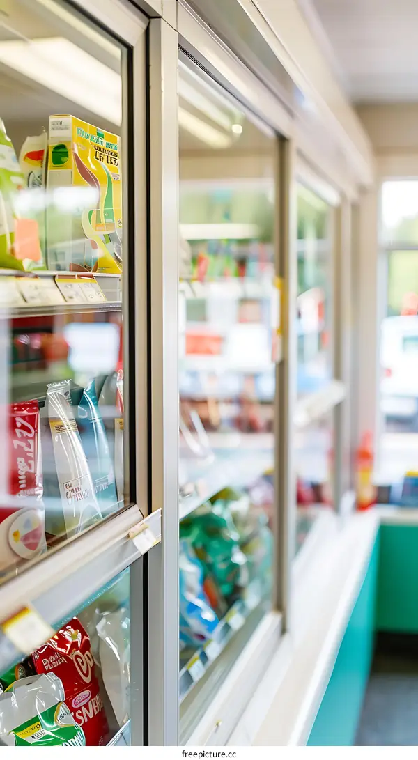 Close up of a glass display case in a store with snacks and drinks