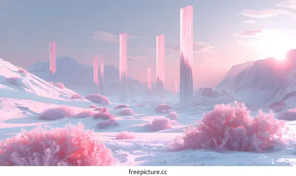 Pink and White Desert Landscape with Tall Towers