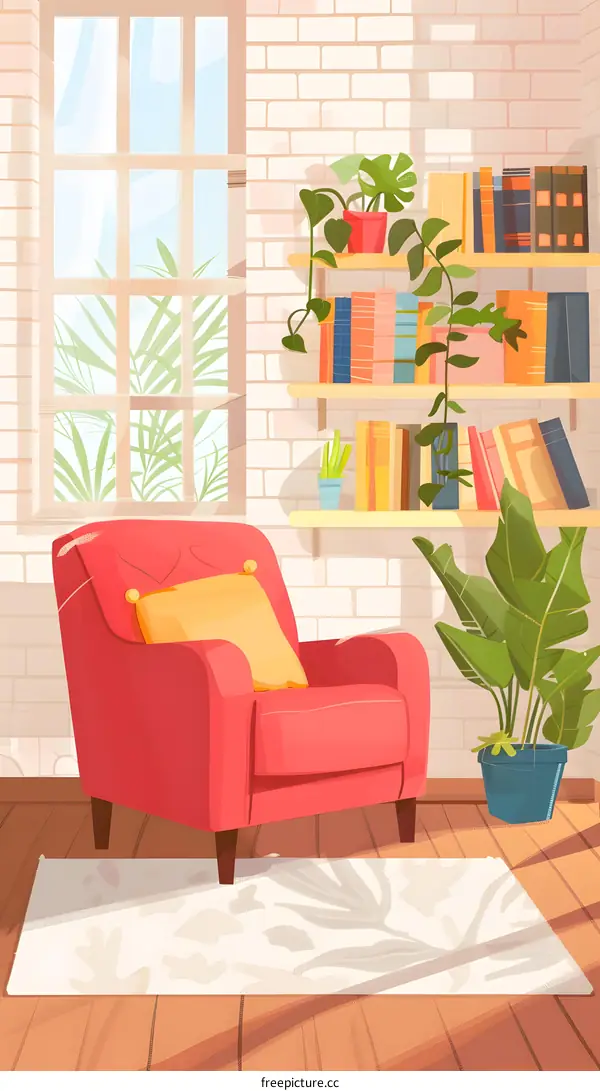 Cozy Living Room with Red Armchair and Bookshelf