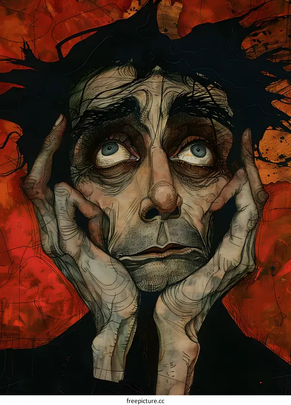 A painting of a man with his hands on his head