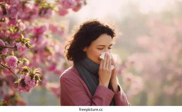 Woman with Tissue in Spring Flowers