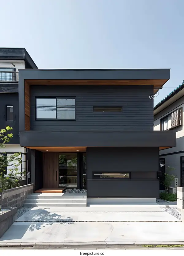 Modern Black House with Wooden Accents