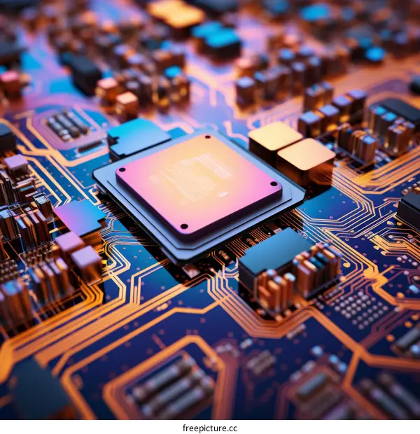 A close-up of a computer chip with a blue background