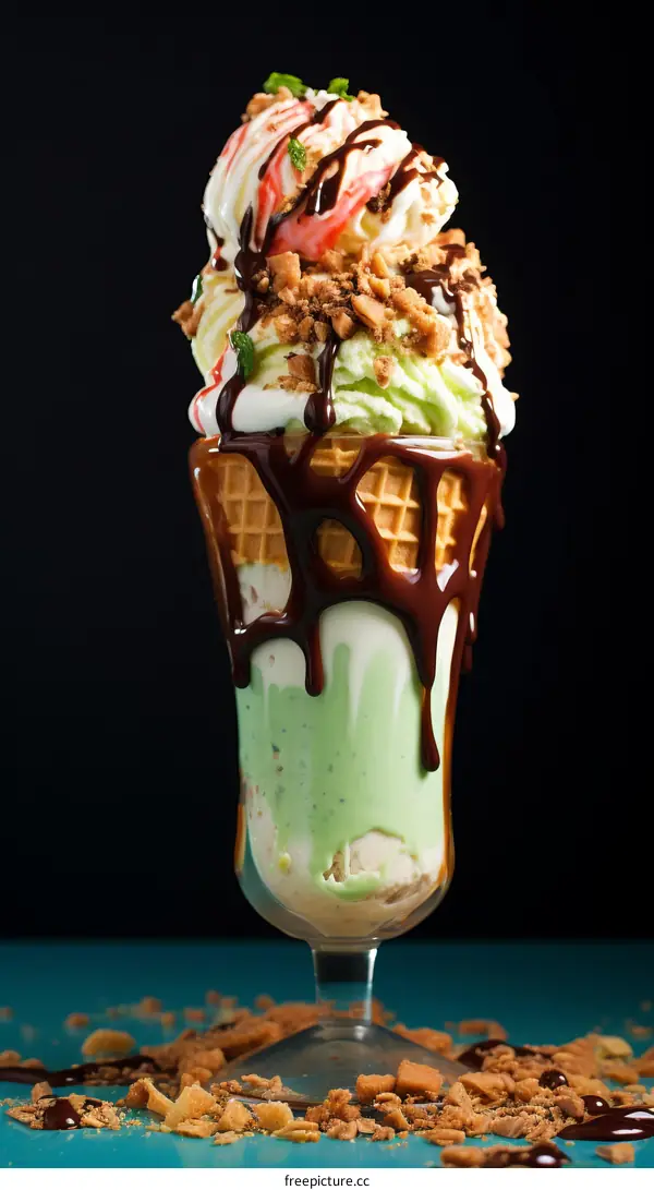 Ice cream sundae with chocolate syrup and whipped cream