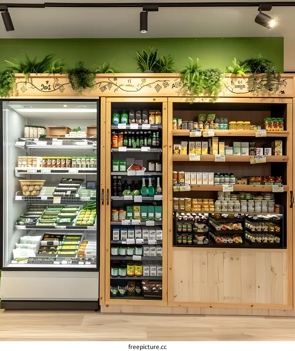 Refrigerated Shelving Display of Food Products in a Store
