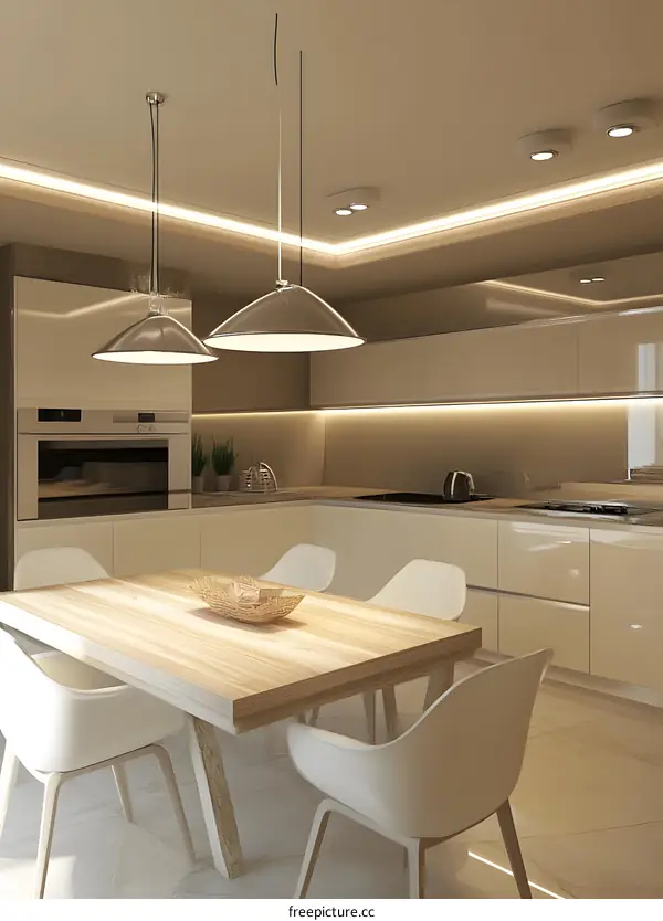 Modern Kitchen Interior Design with Wooden Table and White Chairs