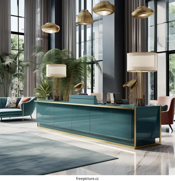 Blue modern hotel reception desk with golden decoration