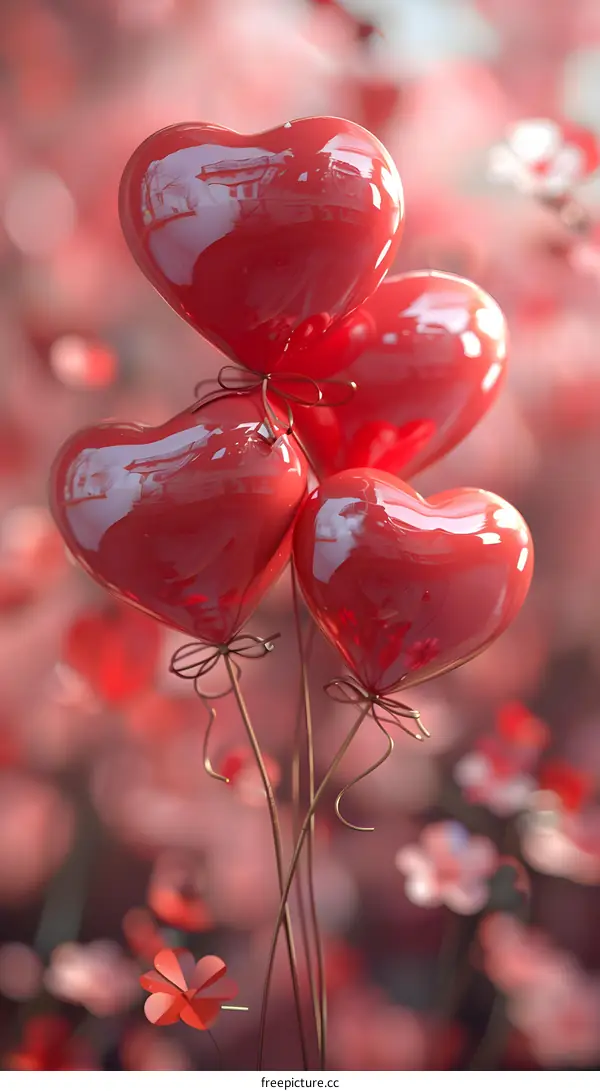 Four red heart-shaped balloons