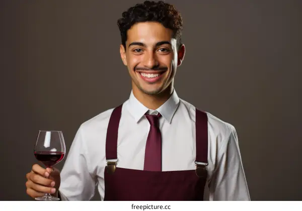 Smiling waiter holding a glass of red wine