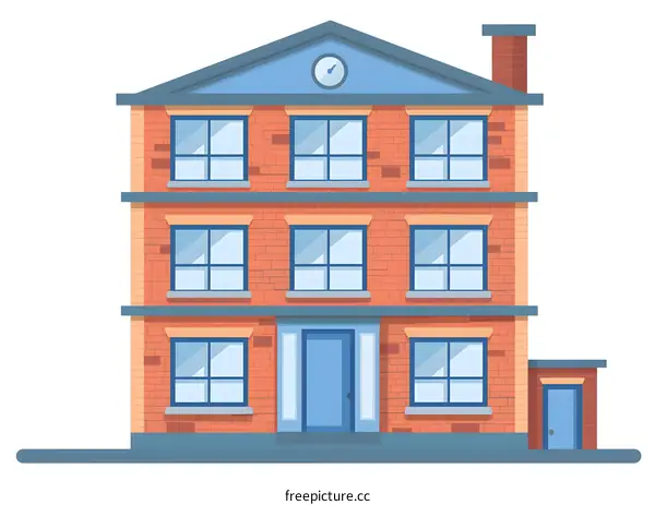 Cartoon Illustration of a Brick Building with Windows and Doors