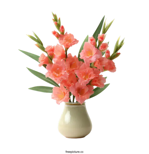[Transparent Background PNG]Beautiful Coral Gladiolus Bouquet in Vase