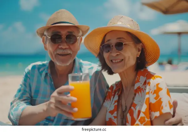 Happy Asian elderly couple on a beach vacation