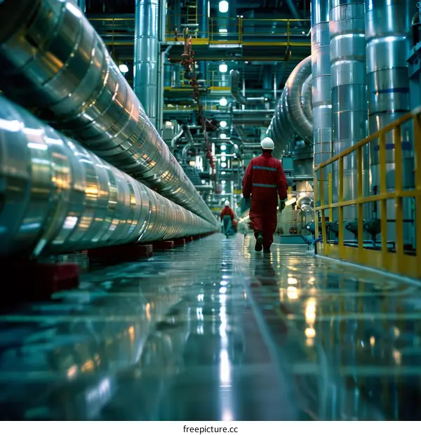 Oil and gas industry worker walking through a processing plant