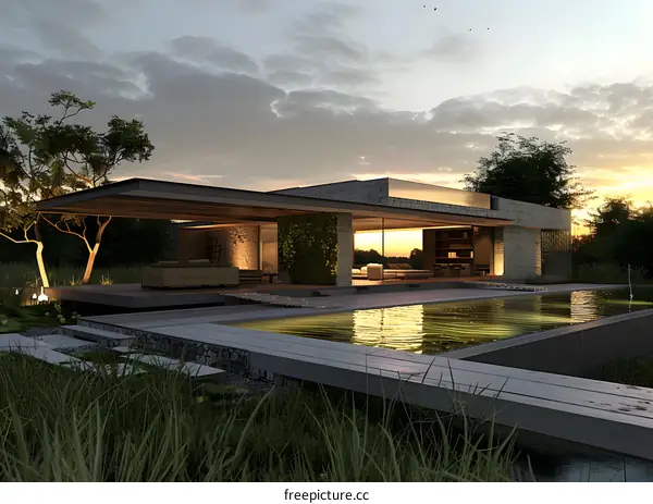 Modern Minimalist House with Swimming Pool and Green Roof Design