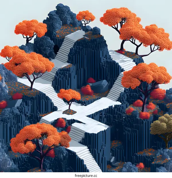 Autumn Landscape with White Stairs and Trees