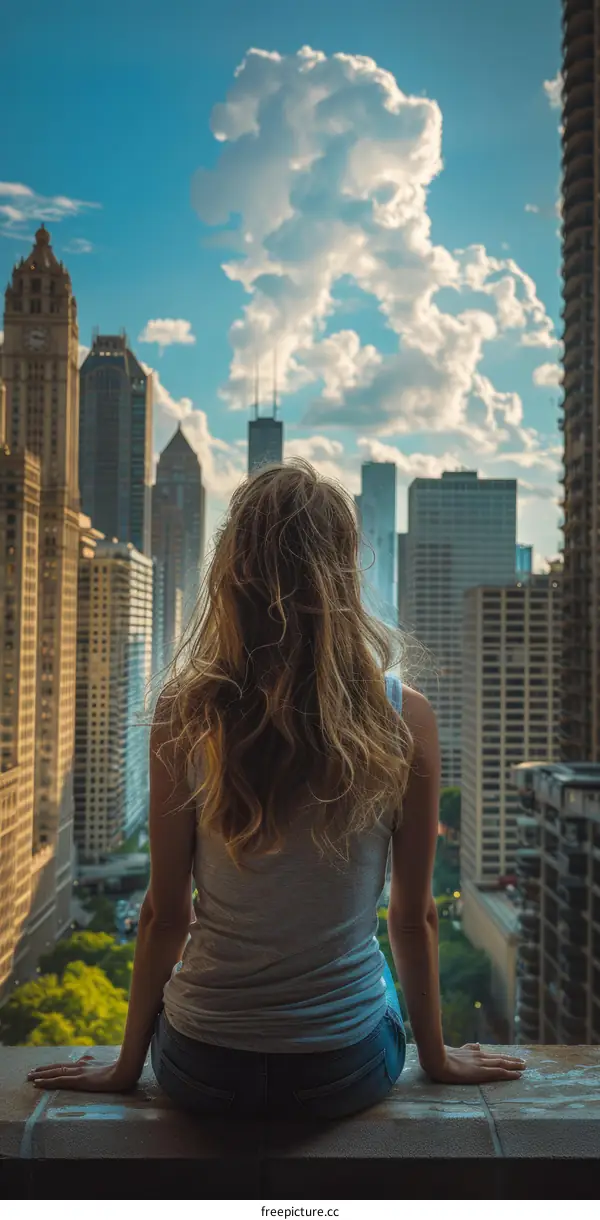 Blonde woman sitting on a ledge overlooking a city