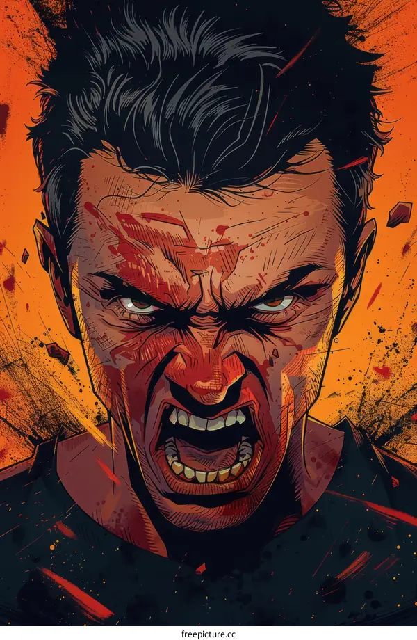 Portrait of a man screaming with blood on his face
