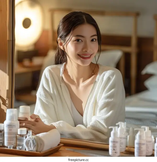 A woman is sitting at a dressing table and looking at the mirror.