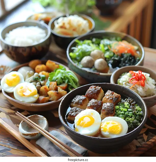 A delicious Japanese meal with rice, soup, and side dishes
