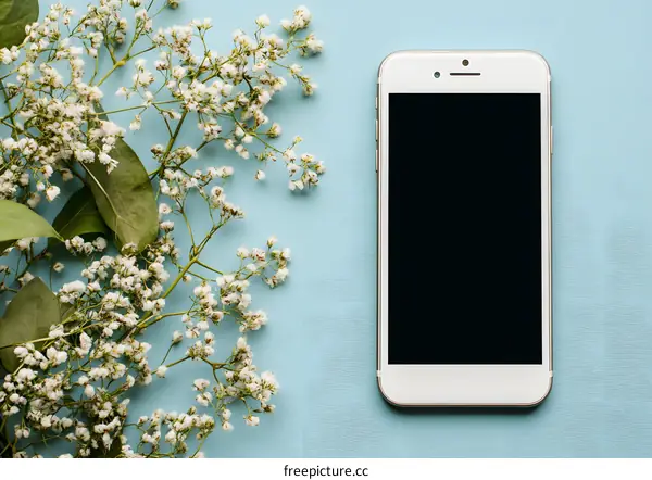 White Smartphone with Flowers on Blue Background