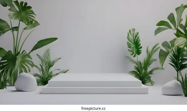 White Platform With Green Plants Minimalist Product Display