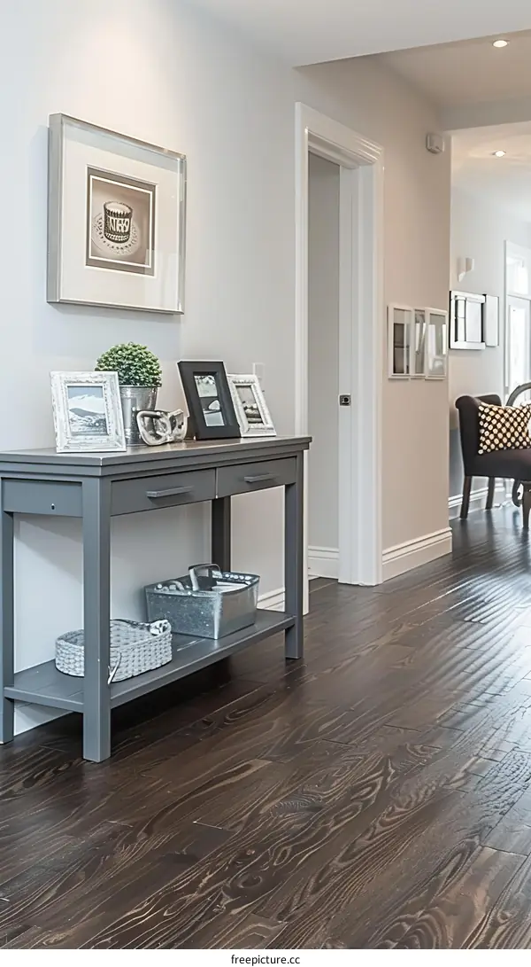 Home interior with hardwood floors and gray console table