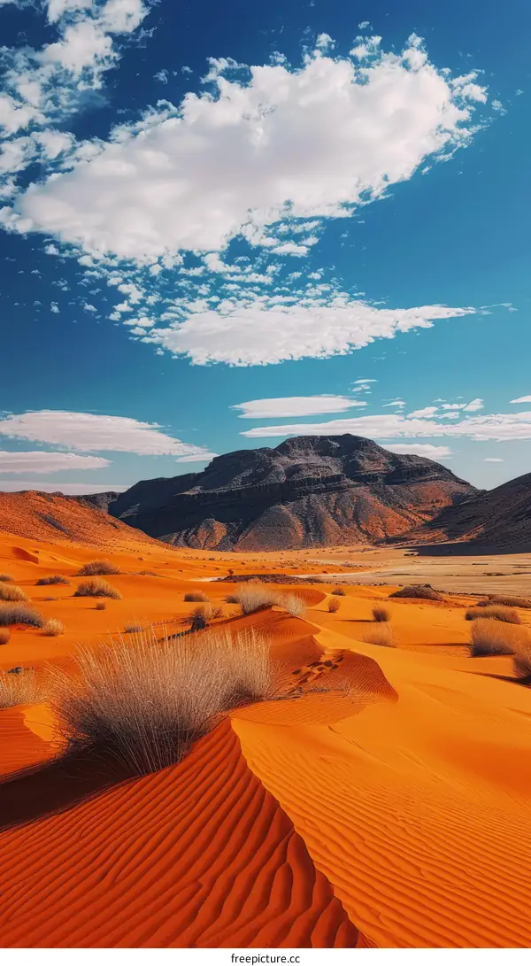 A vast expanse of sand dunes in the middle of a desert with a large mountain in the background