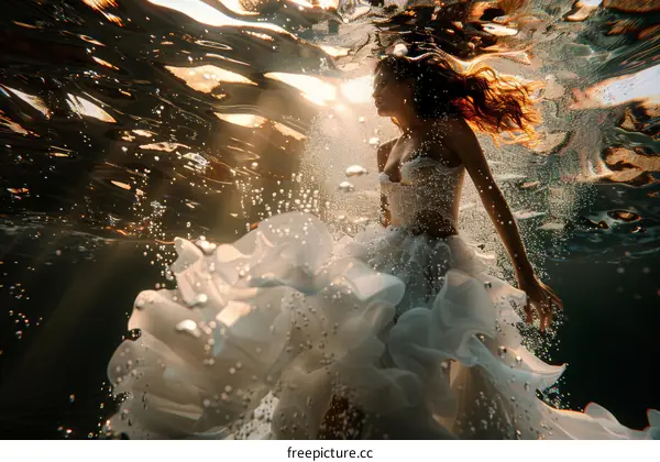 Underwater photoshoot of a woman in a white dress