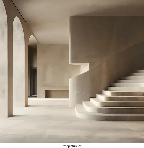 Modern Minimalist Interior Design with Concrete Staircase and Archway